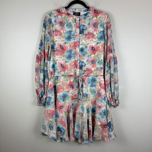 Vici Dress Women Sz M Blue Pink Floral Chiffon Ruffle Tie-Waist Watercolor Boho - Picture 1 of 9